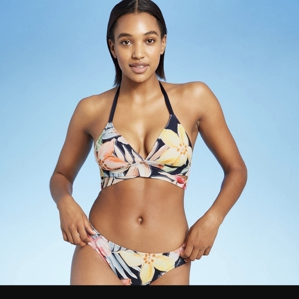 Kona Sol Navy Floral Wrap Front Bikini with Slit Side Bottoms